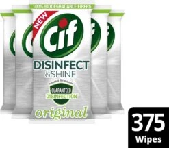 Cif Disinfect & Shine Wipes Doden 99,99% Van De Bacteriën Original Desinfecterende Schoonmaakdoekjes, Van 100% Biologisch Afbreekbaar Textiel 5 X 75 Doekjes -Schoonmaakmiddelen 1200x1050 1