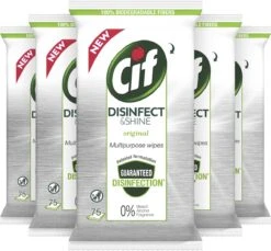 Cif Disinfect & Shine Wipes Doden 99,99% Van De Bacteriën Original Desinfecterende Schoonmaakdoekjes, Van 100% Biologisch Afbreekbaar Textiel 5 X 75 Doekjes -Schoonmaakmiddelen 1200x1111