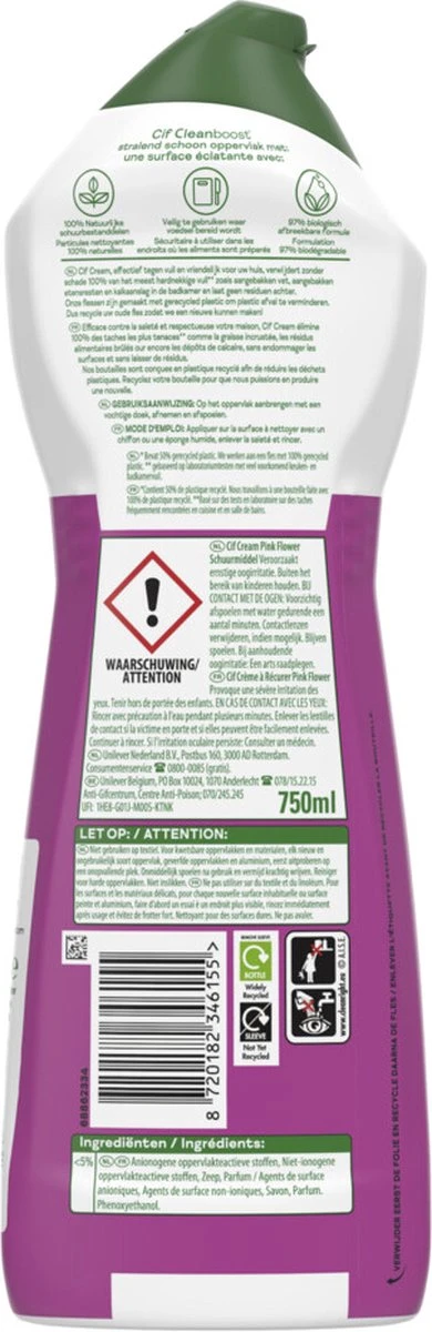 Cif CleanBoost Cream Pink Schuurmiddel - 8 X 750 Ml - Voordeelverpakking 11 Cif CleanBoost Cream Pink Schuurmiddel - 8 X 750 Ml - Voordeelverpakking - Afbeelding 9