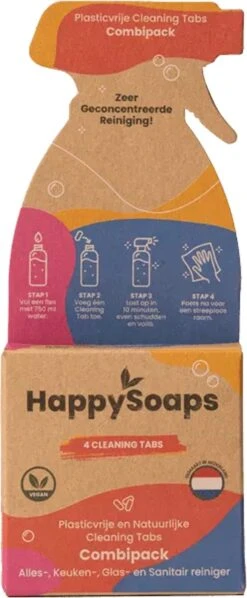 HappySoaps Cleaning Tabs - Combipack Met 4 Verschillende Tabs - Allesreiniger, Keukenreiniger, Glasreiniger En Sanitairreiniger - 100% Plasticvrij, Duurzaam & Vegan -Schoonmaakmiddelen 496x1200